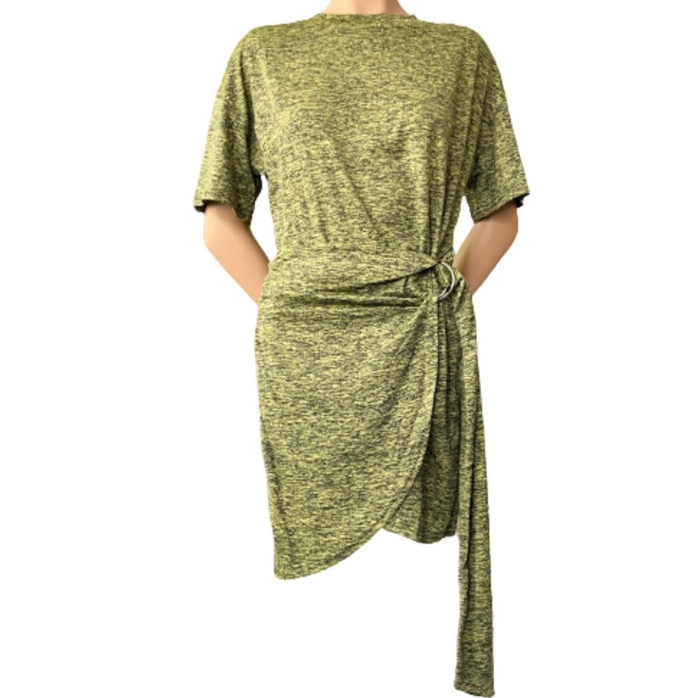 Short sleeve crewneck faux wrap O-ring belted skirt size L